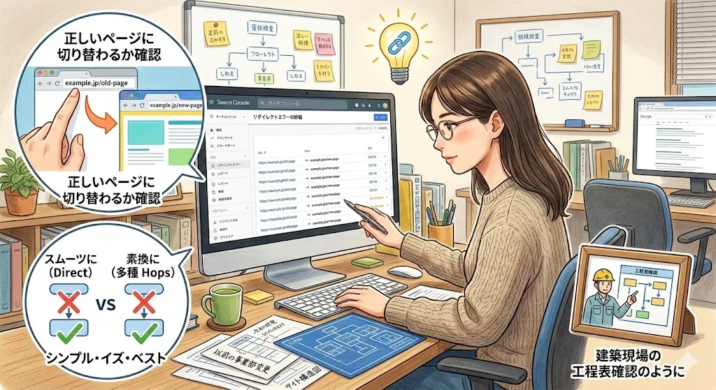 意図していないページがリダイレクトされていないか確認